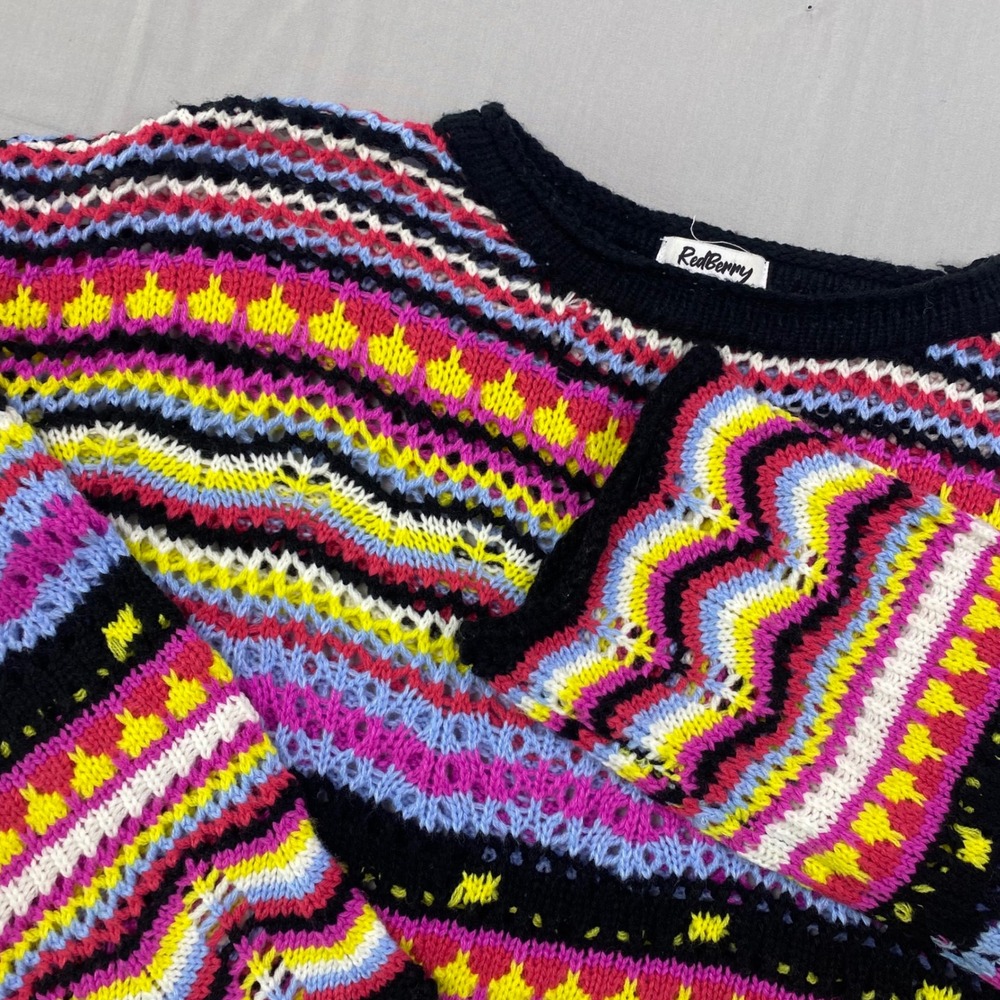 RedBerry Crochet Knit Sweater Women S/M Multi Color Acrylic Striped Boho Casual